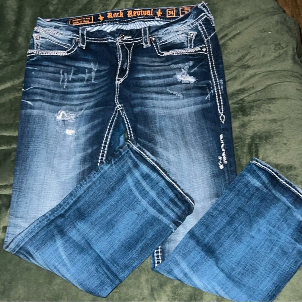 ROCK REVIVAL 🎸 THICK STITCH MAY BOOTCUT DESTROYED DISTRESSED JEANS Women 34 W38” - Picture 3 of 16